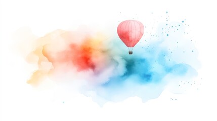 Obraz premium A whimsical hot air balloon floats above a vibrant watercolor background, filled with hues of orange, blue, and pink, This artistic image can be used for travel blogs, event flyers