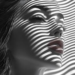 Minimalist poster depicting brightly colored fashion clothes worn by woman resembling the silhouette of sound waves, in the style of black and white op-art.