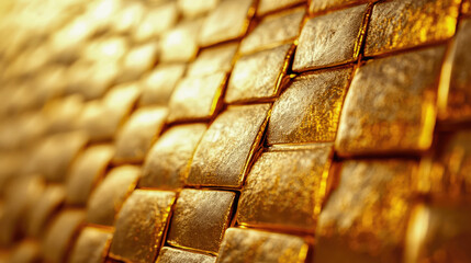 Shimmering gold bars stacked closely together in a vault showcasing their brilliant luster and intricate design. Generative AI
