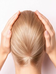 Fototapeta premium A close-up view of a person's sleek, blonde hair styled into a smooth bun, with hands gently holding the hair.