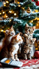 Fototapeta premium KittensPlayingUnderChristmasTreeFestive