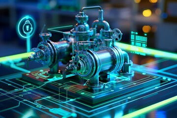 Closeup of a complex industrial machine, possibly a pump, rendered with augmented reality or digital twin technology. Blue hues and circuit patterns highlight advanced manufacturing and digitalization