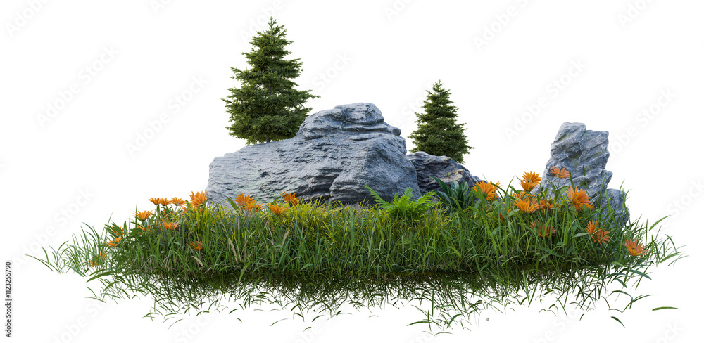 Poster png small tree group with grass group, 3d illustration rendering