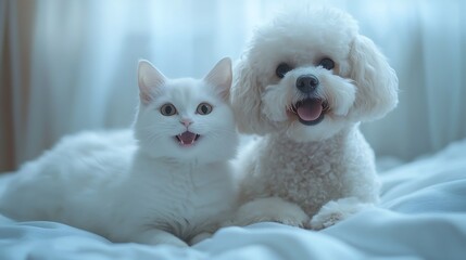 Fototapeta premium Playful petsdog and cat together in cozy home environment