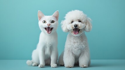 Fototapeta premium Happy pets togethercat and dog portrait studio fun environment