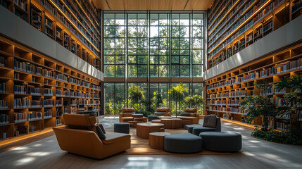 A modern library interior with a focus on numbered shelves and signage for Dewey Decimal categories