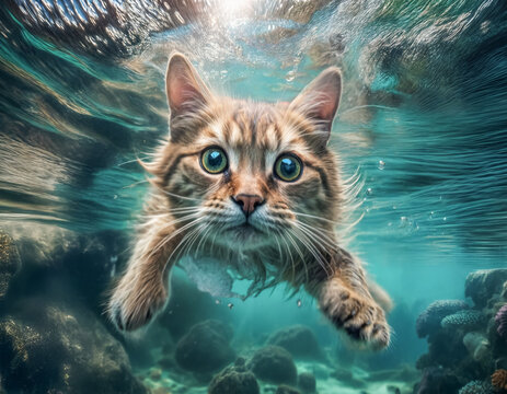Chat qui nage sous l'eau, original, tr&egrave;s belle lumi&egrave;re, immersif, flou, regard