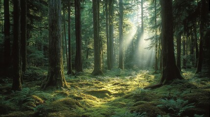 Obraz premium A serene forest glade with tall trees, soft sunlight filtering through the leaves, and a carpet of moss and ferns covering the ground