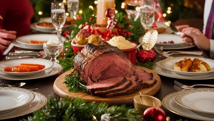 Fototapeta premium Golden-brown prime rib roast artfully sliced juicy Christmas dinner with festive sides lush greenery and sparkling silverware
