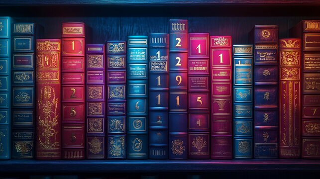 An organized bookshelf with colorful books arranged neatly by size, glowing golden numbers on the spines symbolizing the Dewey Decimal System