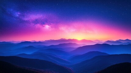 Fototapeta premium Vibrant sunset over majestic mountain range with Milky Way.