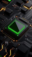 Fototapeta premium Close-up of a circuit board with a glowing green microchip and intricate connections.