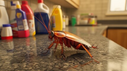 Close-up of a Cockroach on a Kitchen Counter Surrounded by Cleaning Supplies and Detergents in a Domestic Environment, Highlighting Pest Control Challenges