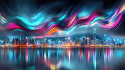 Fototapeta premium Vibrant Hong Kong Nightscape with Colorful Aurora-like Swirls