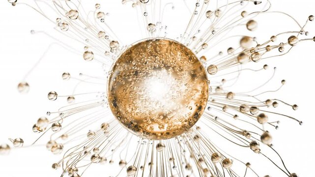 Gold cosmetic serum with liquid bubbles in a 3D abstract background. Hydrating essence gel enriched with collagen molecules. Moisturizing cream or oil for advanced skincare, beauty, and skin health.