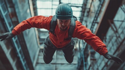 Workplace safety awareness: worker in mid-air fall from ladder in industrial setting