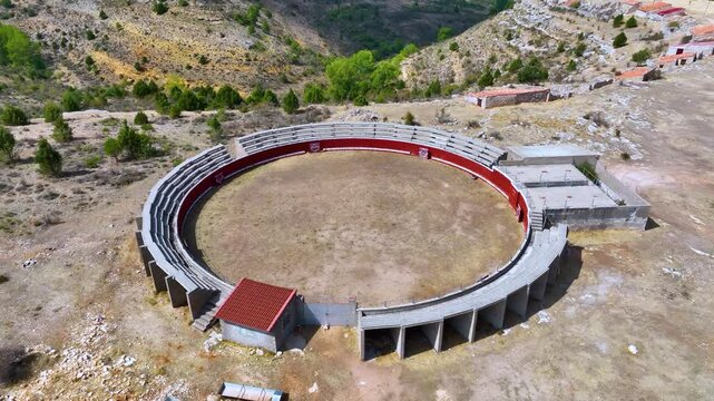 Aerial view from a drone of the bullring of Zaorejas. Molina Alto Tajo Geopark. Alto Tajo Natural Park. Guadalajara Province. Castilla la Mancha. Spain. Europe. Rewilding Europe