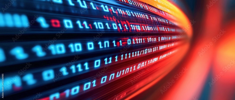 Poster close-up of digital numbers and code on screen with motion blur
