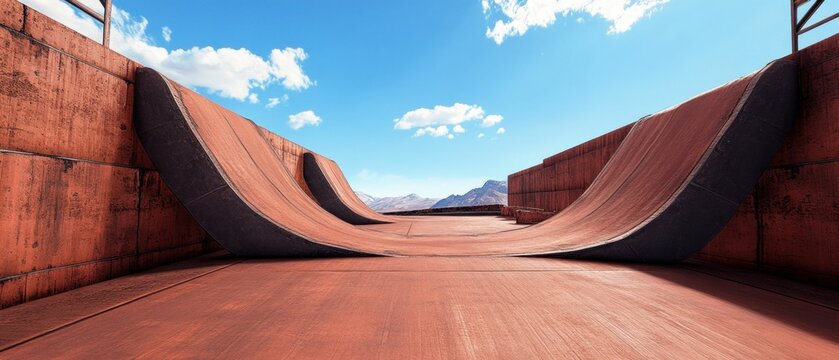 Red Metal Half-Pipe in Skatepark with Desert Mountains and Blue Sky
