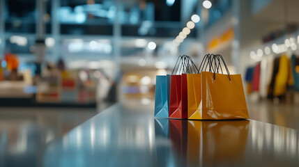 Shopping bags neatly arranged on a sleek counter, symbolizing the balance between consumerism and organization in modern retail environments