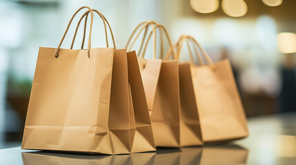 Shopping bags neatly arranged on a sleek counter, symbolizing the balance between consumerism and organization in modern retail environments