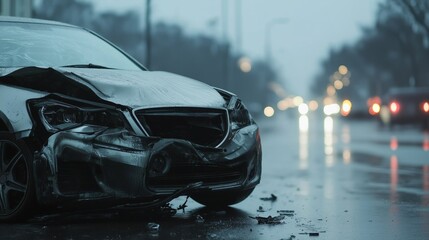 Naklejka premium Damaged light gray car on wet road in city evening scene for accident awareness campaign