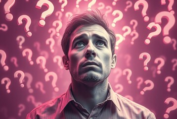 The Weight of Uncertainty: A man stares into the abyss, enveloped by a sea of swirling question marks, a haunting visual representation of doubt, confusion.