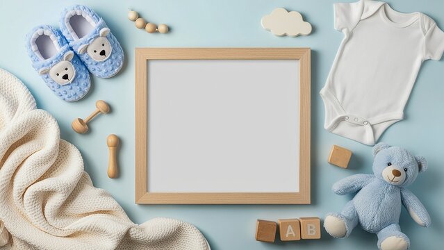 Blue theme, Pregnancy, baby coming announcement template, square wooden frame mockup, cozy fall flat lay composition with warm baby overall, teddy bear, toy and blanket.