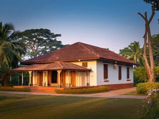 Elegant Kerala-style villa surrounded by lush greenery and serene landscapes. Showcasing traditional South Indian architecture with a harmonious connection to nature.