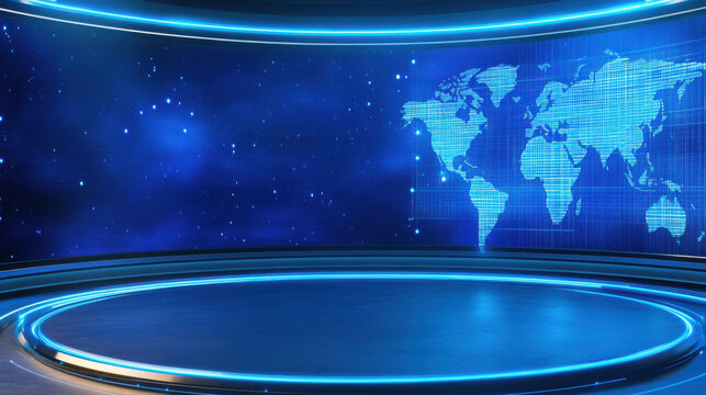 futuristic breaking news studio featuring circular stage and world map backdrop, illuminated with blue lights, creating modern atmosphere