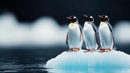 Fototapeta premium Three penguins standing closely together on ice floe, showcasing their unique features and vibrant colors in serene environment