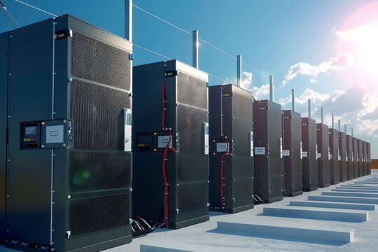 Outdoor array of large industrial batteries for energy storage. Connected, likely for renewable energy grid support. Modern technology for clean energy solutions.