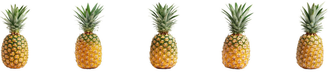 Fototapeta premium Five Fresh Pineapples Tropical Fruit Food Isolated Yellow Green on transparent background
