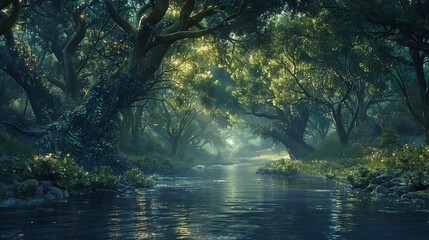 Obraz premium A serene and super realistic image of a tranquil river flowing through a lush green forest.