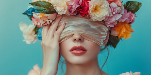Naklejka premium Elegant Woman with Flower Crown and Silk Blindfold in Artistic Portrait