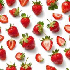 A  strawberry with green leaves, isolated on a white background.