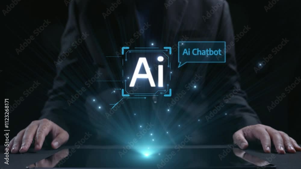 Poster human interact with ai artificial intelligence virtual assistant chatbot in concept of ai artificial