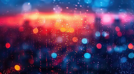 Rainy night city lights blurred through wet window.