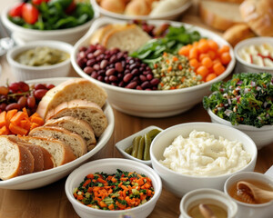 A traditional Jewish meal with kosher food preparation, focusing on Jewish dietary standards and kosher food guidelines, illustrating kosher compliance and kosher quality