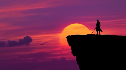 Fototapeta premium Stunning Silhouette of a Person Watching the Sunset Over the Ocean, Perfect for Relaxation Themes