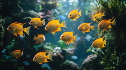 Fototapeta premium Bright yellow fish swim gracefully in a vibrant underwater habitat