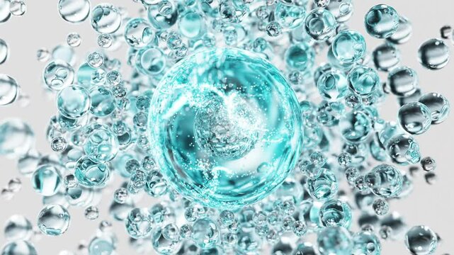 Blue cosmetic serum with liquid bubbles in a 3D abstract background. Hydrating essence gel enriched with collagen molecules. Moisturizing cream or oil for advanced skincare, beauty, and skin health.