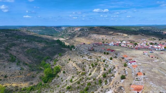 Landscape in the surroundings of the village of Zaorejas. Aerial view from a drone. Molina Alto Tajo Geopark. Alto Tajo Natural Park. Guadalajara Province. Castilla la Mancha. Spain. Europe.