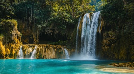 Obraz premium Cascading waterfall into turquoise pool scenic cliffside nature photography lush forest tranquil viewpoint natural beauty