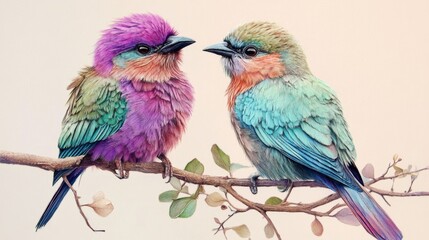 Obraz premium A pair of colorful birds perched together on a branch, symbolizing love, companionship, and the vibrant beauty of nature.