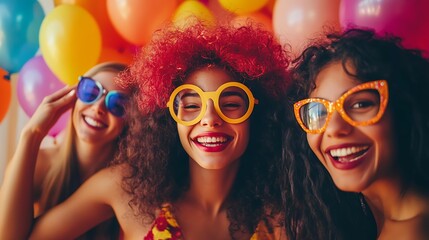 A DIY photo booth area at a house party with props such as funky glasses, wigs, and a backdrop of balloons and streamers. Guests are posing together, smiling and having fun.