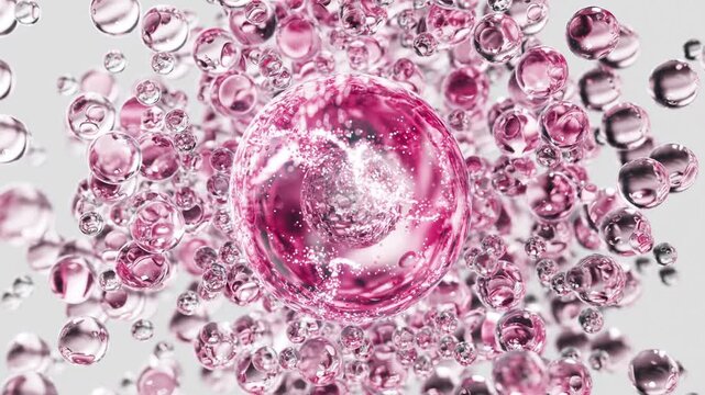 Pink serum with liquid bubbles in a 3D abstract background. Hydrating essence gel with collagen molecules. Moisturizing cream or oil for skincare and beauty.