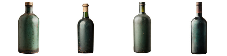 Vintage green and brown glass bottles of various shapes and sizes displayed on a minimalist white background creating a moody atmospheric and elegant still life composition with a nostalgic rustic