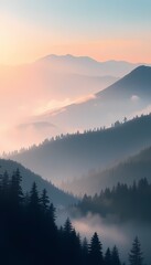 Obraz premium Misty Mountain Landscape at Dawn with Pine Forests and Fog