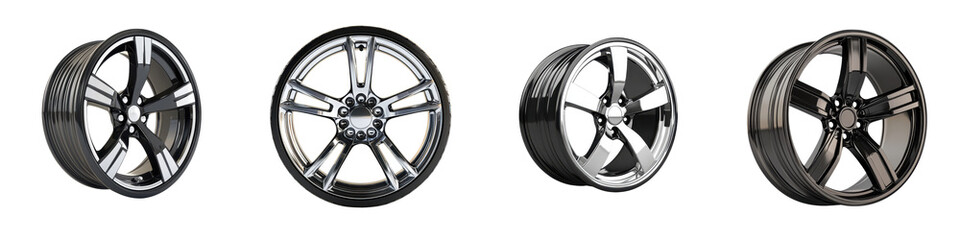 Obraz premium Closeup shot of a set of stylish high performance chrome alloy wheels showcasing the sleek and modern design precision engineering and premium aesthetic qualities ideal for luxury automobiles